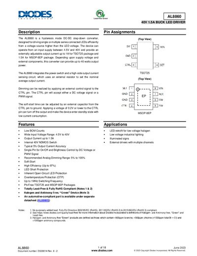 Diodes AL8860 Buck LED Driver Datasheet - cover page