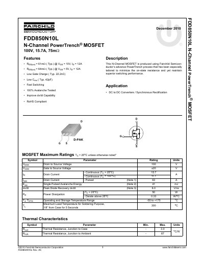 Fairchild FDD850N10L N-Channel MOSFET Datasheet - cover page