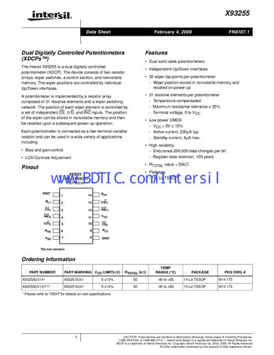 Intersil X93255 Dual Digitally Controlled Potentiometer Datasheet - cover page