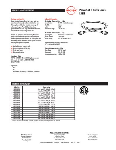 Molex PowerCat 6 LSZH Patch Cords Manual - cover page