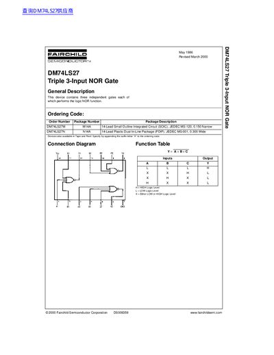 Fairchild Semiconductor DM74LS27 Triple 3-Input NOR Gate Datasheet - cover page