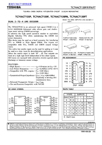 TOSHIBA TC74ACT139P TC74ACT139F TC74ACT139FN TC74ACT139FT DATA SHEET - cover page