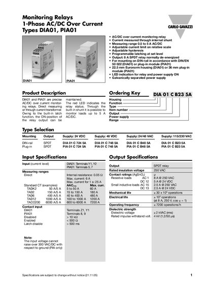 Monitoring Relays 1-Phase AC/DC Over Current Types DIA01 PIA01 - cover page