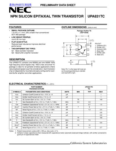 NEC UPA831TC NPN Silicon Epitaxial Twin Transistor Data Sheet - cover page
