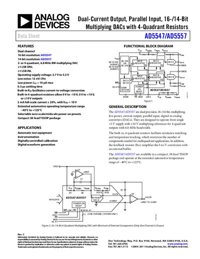 Analog Devices AD5547/AD5557 Dual-Current Output Multiplying DAC Datasheet - cover page