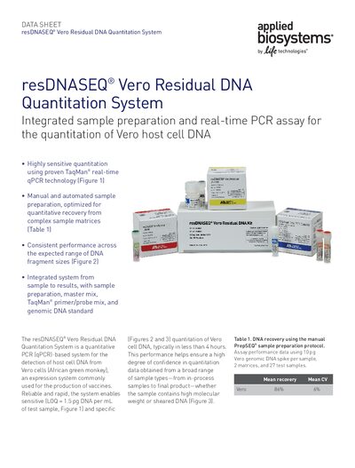 Life Technologies resDNASEQ® Vero Residual DNA Quantitation System Datasheet - cover page