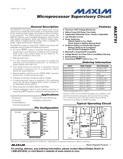 Maxim MAX791 Microprocessor Supervisory Circuit Datasheet - cover page