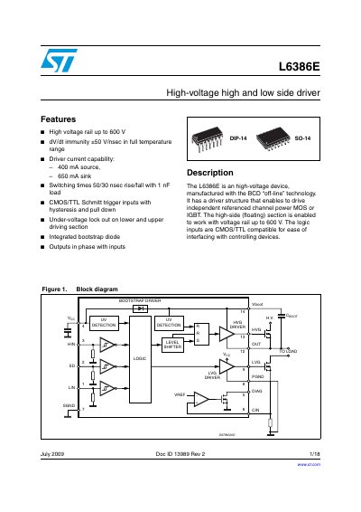 STMicroelectronics L6386E High-Voltage Driver Datasheet