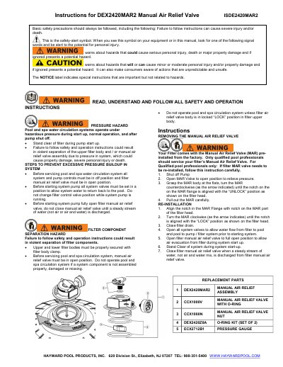 Hayward DEX2420MAR2 Manual Air Relief Valve Installation and Operation Instructions - cover page