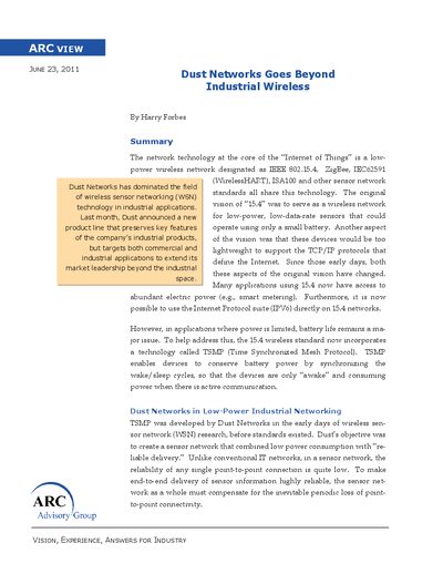 ARC Advisory Group ARC View: Dust Networks SmartMesh IP and Industrial Wireless Networking - cover page