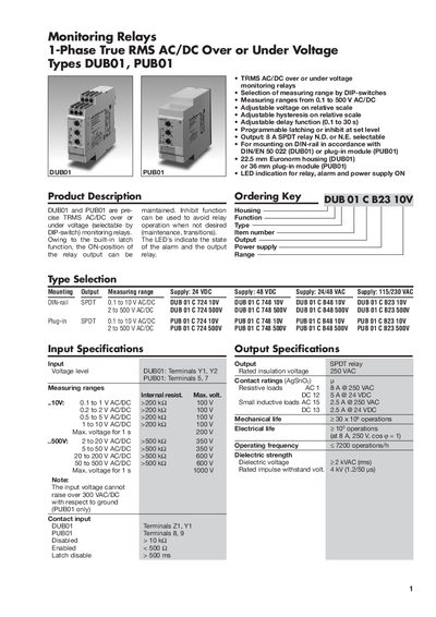 Monitoring Relays 1-Phase True RMS AC/DC Over or Under Voltage Types DUB01 PUB01 - cover page