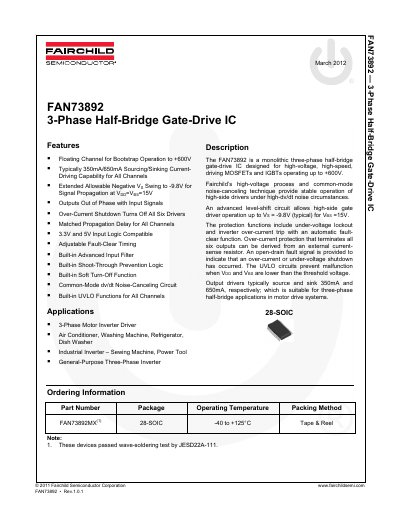 Fairchild Semiconductor FAN73892 3-Phase Half-Bridge Gate-Drive IC Datasheet