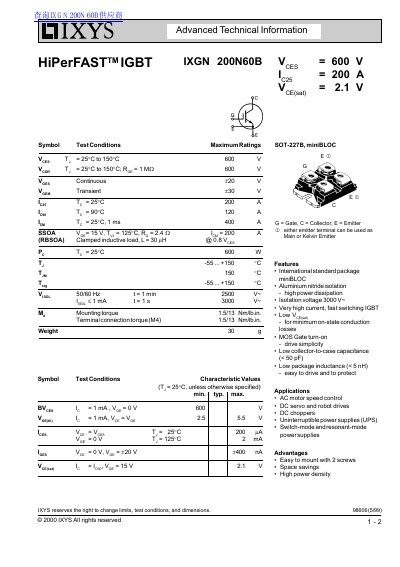 IXYS IXGN 200N60B IGBT Module Datasheet - cover page