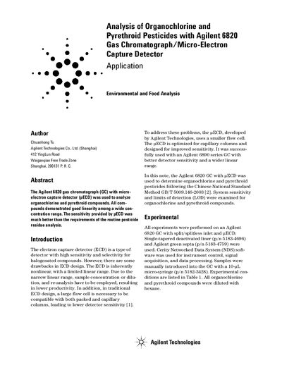 Agilent 6820 GC Analysis of Organochlorine and Pyrethroid Pesticides Application Note - cover page