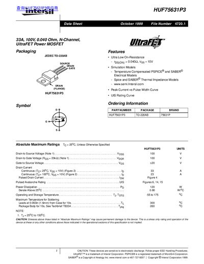 Intersil HUF75631P3 UltraFET Power MOSFET Datasheet - cover page