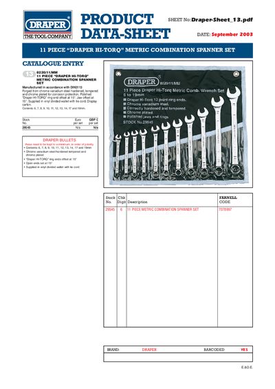 Draper HI‑TORQ 11-Piece Metric Combination Spanner Set Product Data Sheet - cover page