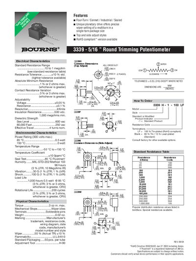 Bourns 3339 Round Trimming Potentiometer Datasheet - cover page