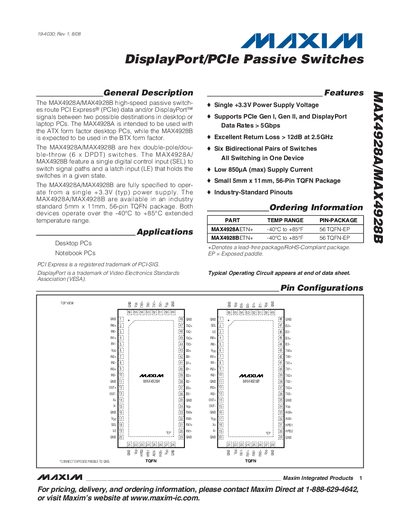 Maxim MAX4928A/MAX4928B DisplayPort/PCIe Passive Switches Datasheet - cover page