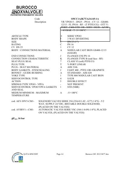 Burocco VPOO/Serie 2000 Pneumatic Valves Technical Data Sheet - cover page