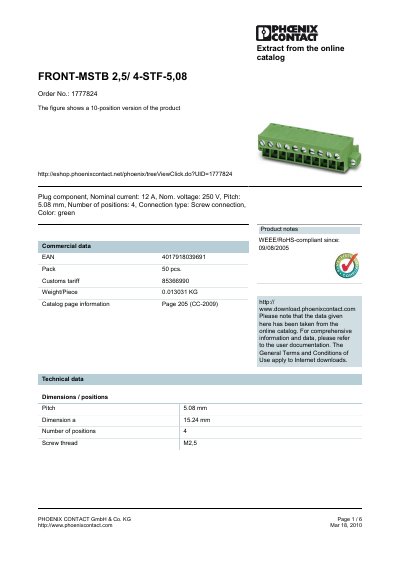 PHOENIX CONTACT FRONT-MSTB 2 5/ 4-STF-5 08 Order No.: 1777824 The figure shows a 10-position version of the product handbook - cover page