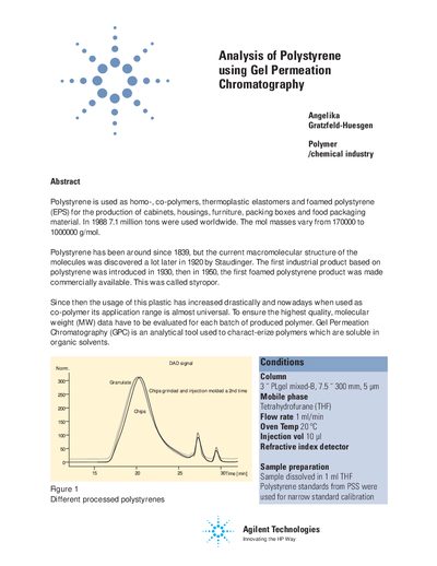 Agilent Analysis of Polystyrene using Gel Permeation Chromatography Application Note 5965-9048E - cover page