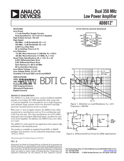 Analog Devices AD8012 Dual Low Power Amplifier Datasheet - cover page