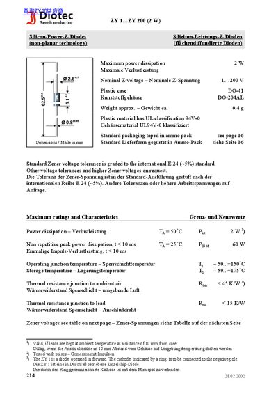 Diotec ZY 1 ZY 200 (2 W) Datasheet - cover page