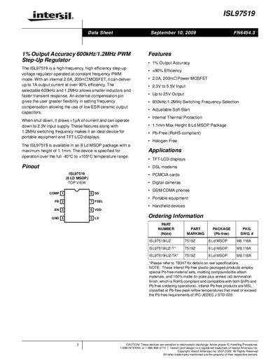 Intersil ISL97519 Step‑Up Regulator Datasheet