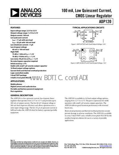 Analog Devices ADP120 Linear Regulator Datasheet - cover page