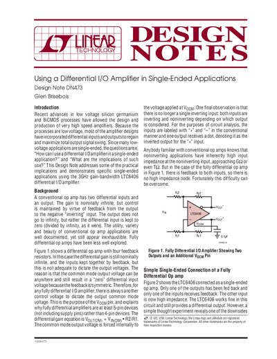 Linear Technology DN473 Using a Differential I/O Amplifier in Single-Ended Applications Design Note - cover page