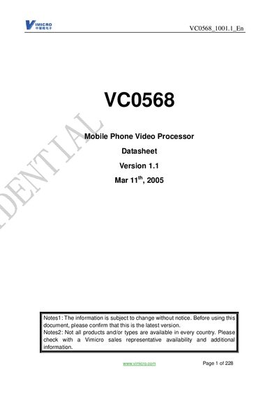Vimicro VC0568 Mobile Phone Video Processor Datasheet - cover page