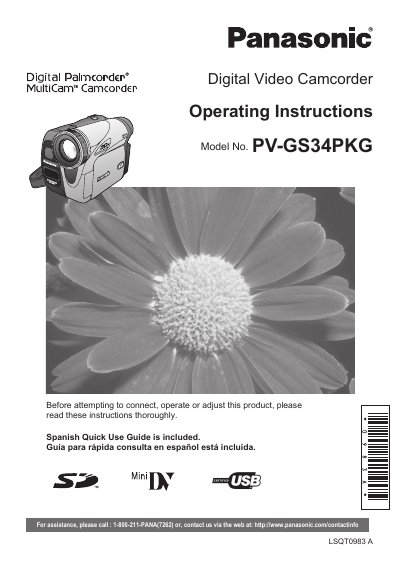 Panasonic PV-GS34PKG Digital Camcorder Operating Instructions - cover page