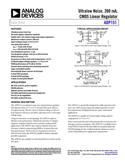 Analog Devices ADP151 Linear Regulator Datasheet - cover page