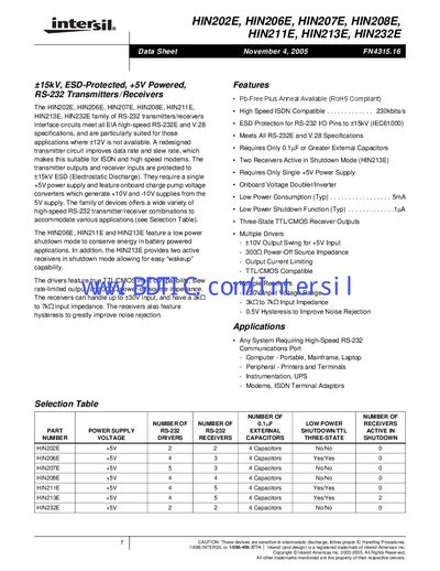 Intersil HIN202E/HIN206E/HIN207E/HIN208E/HIN211E/HIN213E/HIN232E Datasheet - cover page