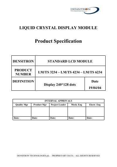 Densitron LM/TS 3234 LCD Module Product Specification - cover page