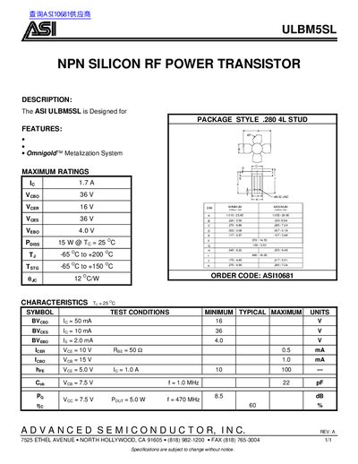 ASI ULBM5SL NPN Silicon RF Power Transistor Datasheet - cover page