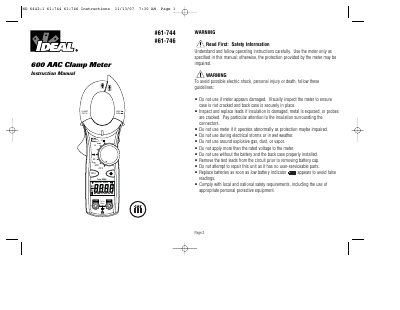 IDEAL #61-744/#61-746 600 AAC Clamp Meter Instruction Manual - cover page
