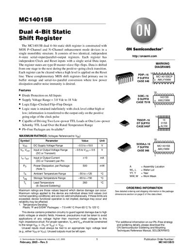 ON Semiconductor MC14015B Dual 4‑Bit Static Shift Register Datasheet - cover page