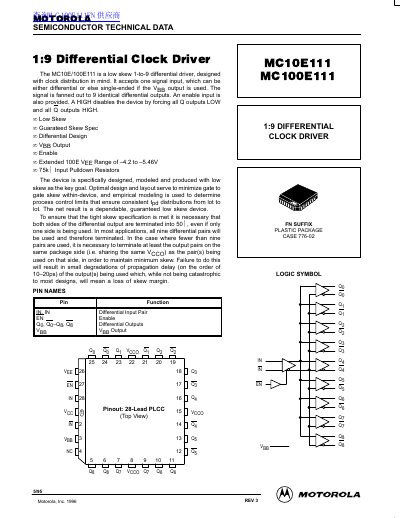 Motorola MC10E111/MC100E111 1:9 Differential Clock Driver Datasheet