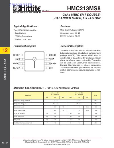Hittite Microwave HMC213MS8 GaAs MMIC SMT Double-Balanced Mixer Datasheet - cover page