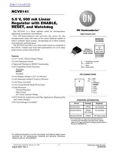 ON NCV8141 5.0 V 500 mA Linear Regulator with ENABLE RESET Watchdog handbook - cover page