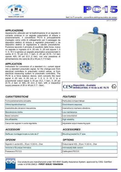 OMC PC15 Field to P Converter Technical Data Sheet - cover page