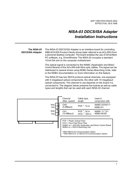 ABB NISA-03 DDCS/ISA Adapter Installation Guide - cover page