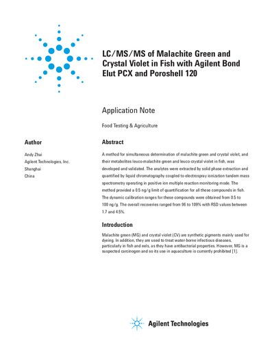 Agilent LC/MS of Malachite Green Crystal Violet in Fish with Agilent Bond Elut PCX Poroshell 120 - cover page