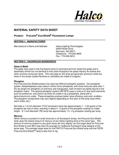 Halco Lighting F34T12/F32T8 ProLume Eco-Shield Fluorescent Lamps Material Safety Data Sheet