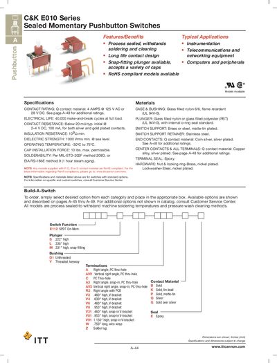 ITT C&K E010 Series Sealed Momentary Pushbutton Switches Product Leaflet - cover page