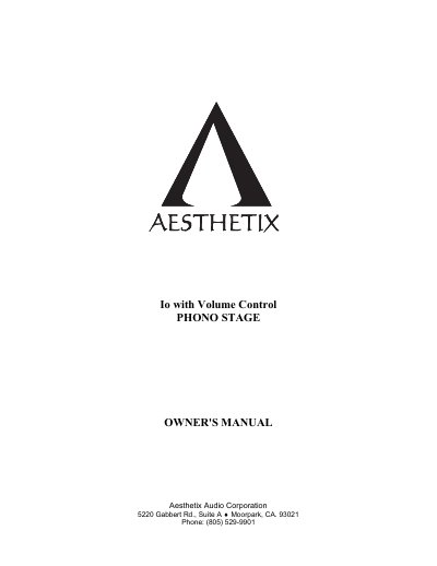 Aesthetix Audio Io Phono Stage Owner's Manual - cover page