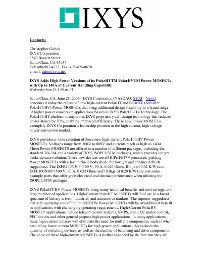 IXYS IXFR140N30P / IXFL100N50P Power MOSFETs Press Release - cover page
