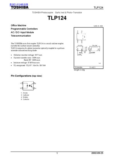 Toshiba TLP124 Photocoupler Datasheet - cover page