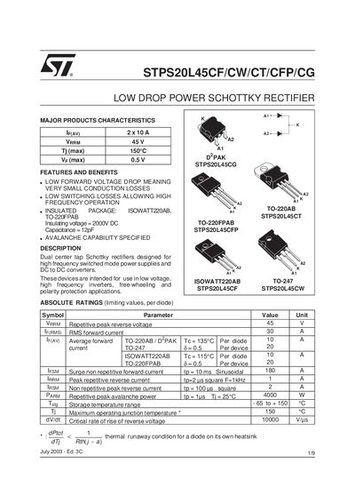 STMicroelectronics STPS20L45CF/CW/CT/CFP/CG Low Drop Power Schottky Rectifier Handbook - cover page
